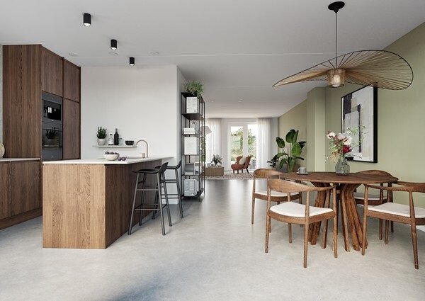 Woonkamer en keuken interieur visualisatie in Japandi stijl